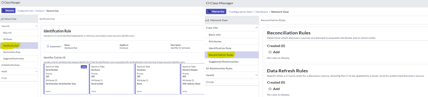 'Identification Rule' and 'Reconciliation Rules' tabs in CI Class Manager